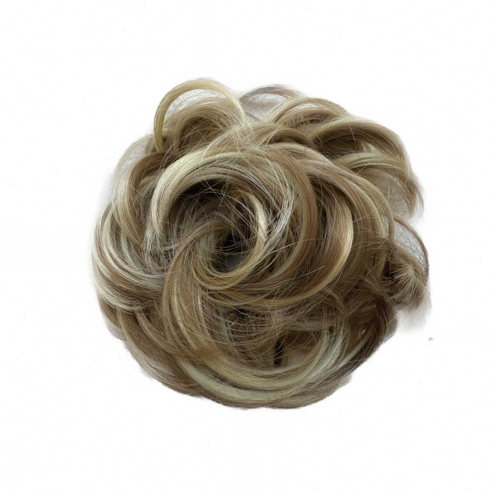 messy hair bun scrunchie#color_honey-blonde-mix-bleach-blonde