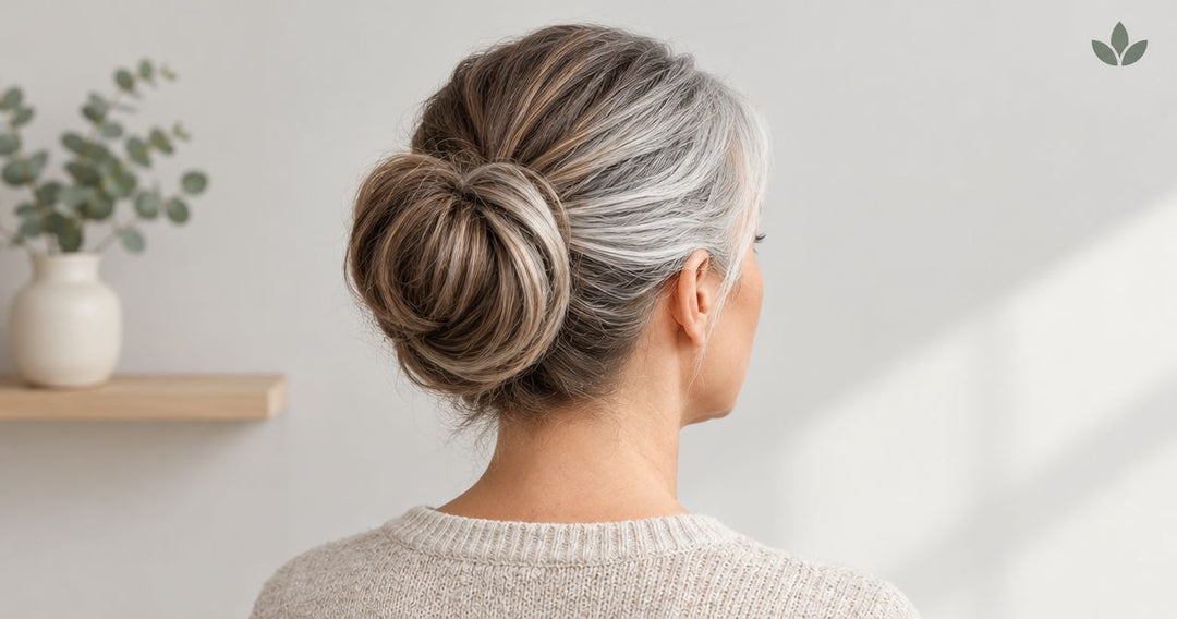 Hair bun styling during the transition from dyed hair to grey