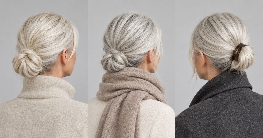 Low hair bun styling for collars, scarves and cool-weather wear