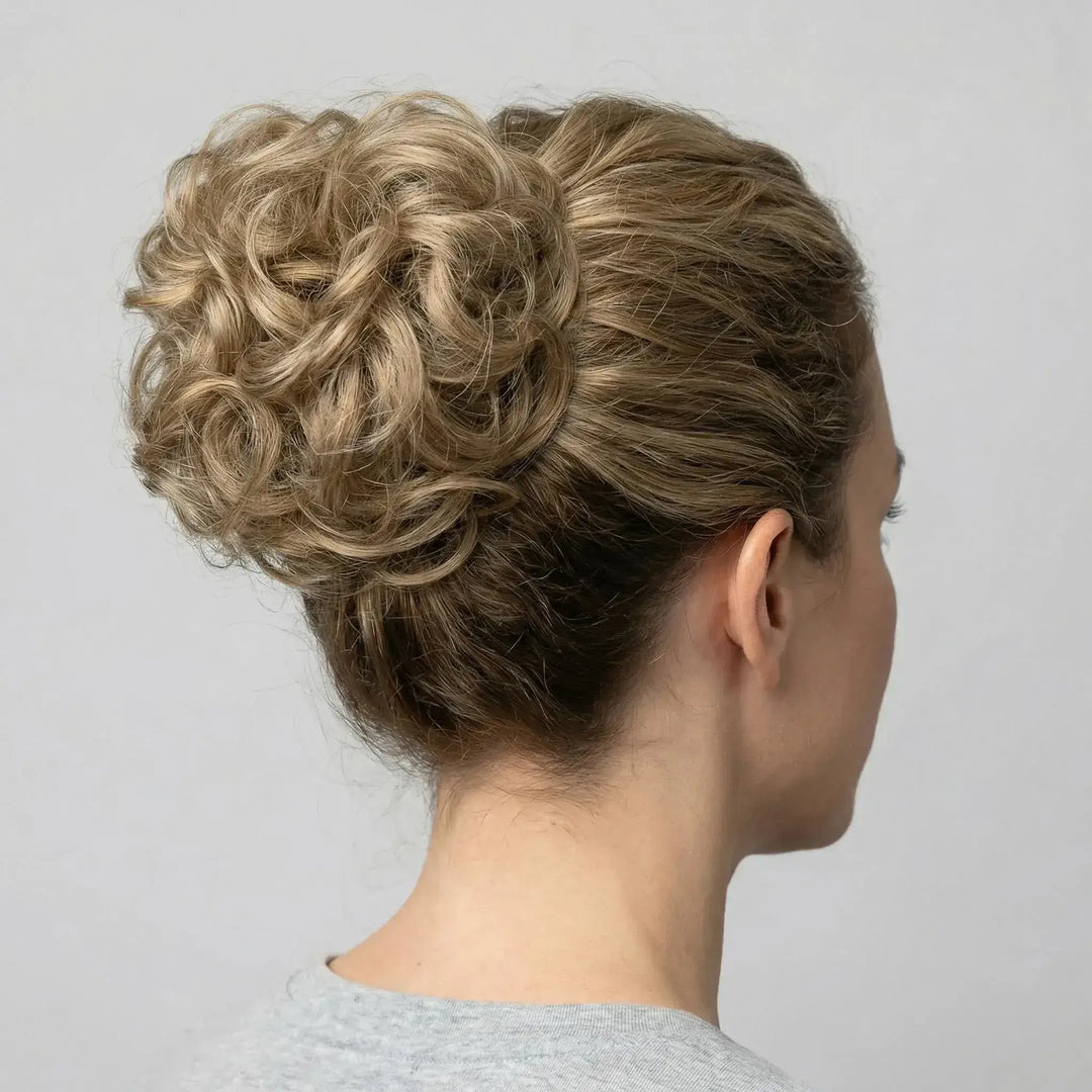 brown ash blonde messy bun extension #color_ash-brown