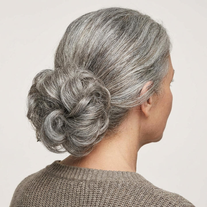 salt and pepper messy bun hair piece#color_dark-grey-salt-and-pepper