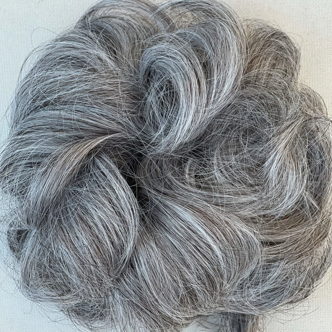salt and pepper messy bun hair piece#color_dark-grey-salt-and-pepper