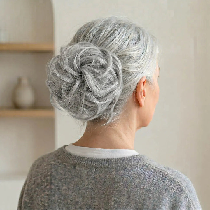 silver grey mix messy bun hair piece