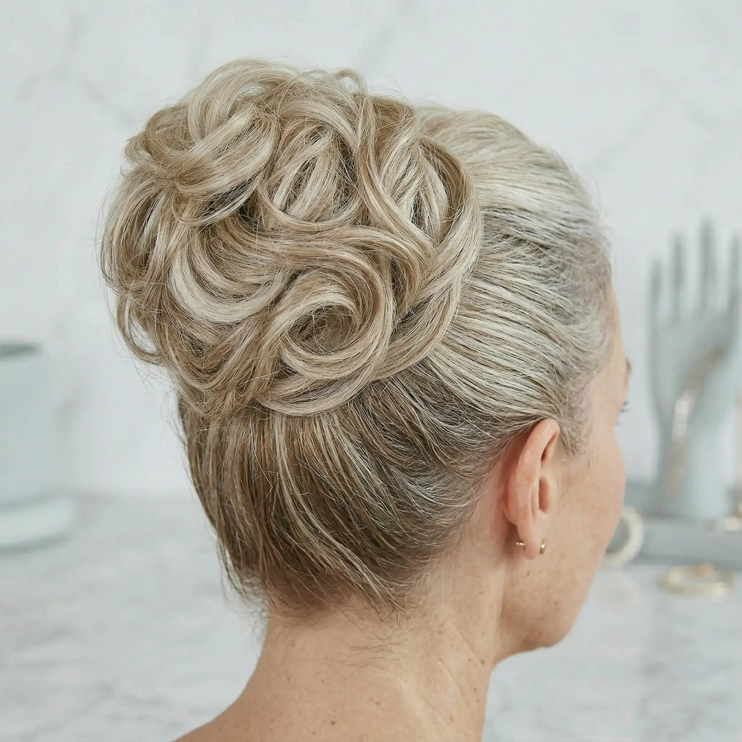 messy bun hairpiece grey blonde#color_light-blonde-creamy-tips