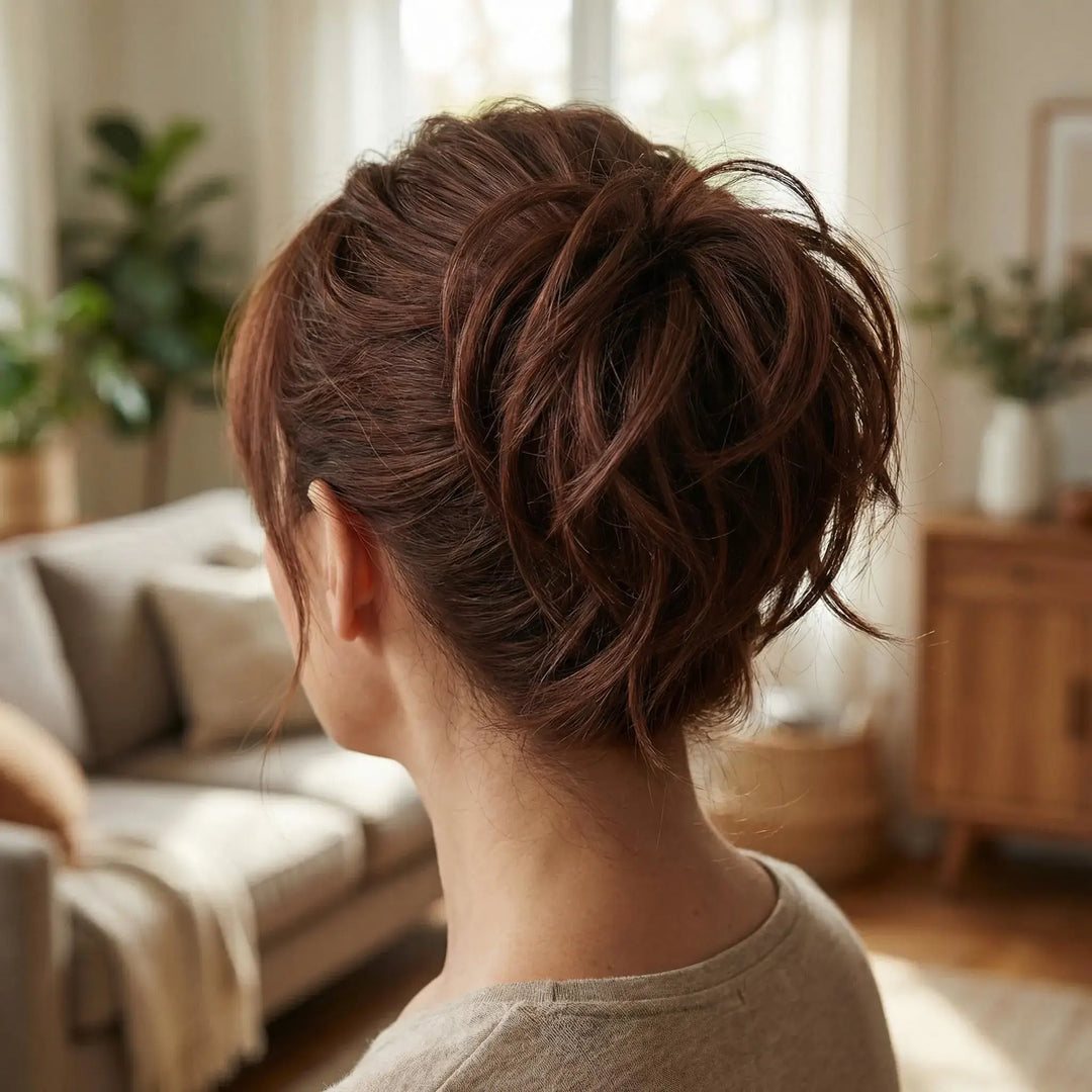 apexhairs messy bun dark auburn hair color#color_dark-auburn