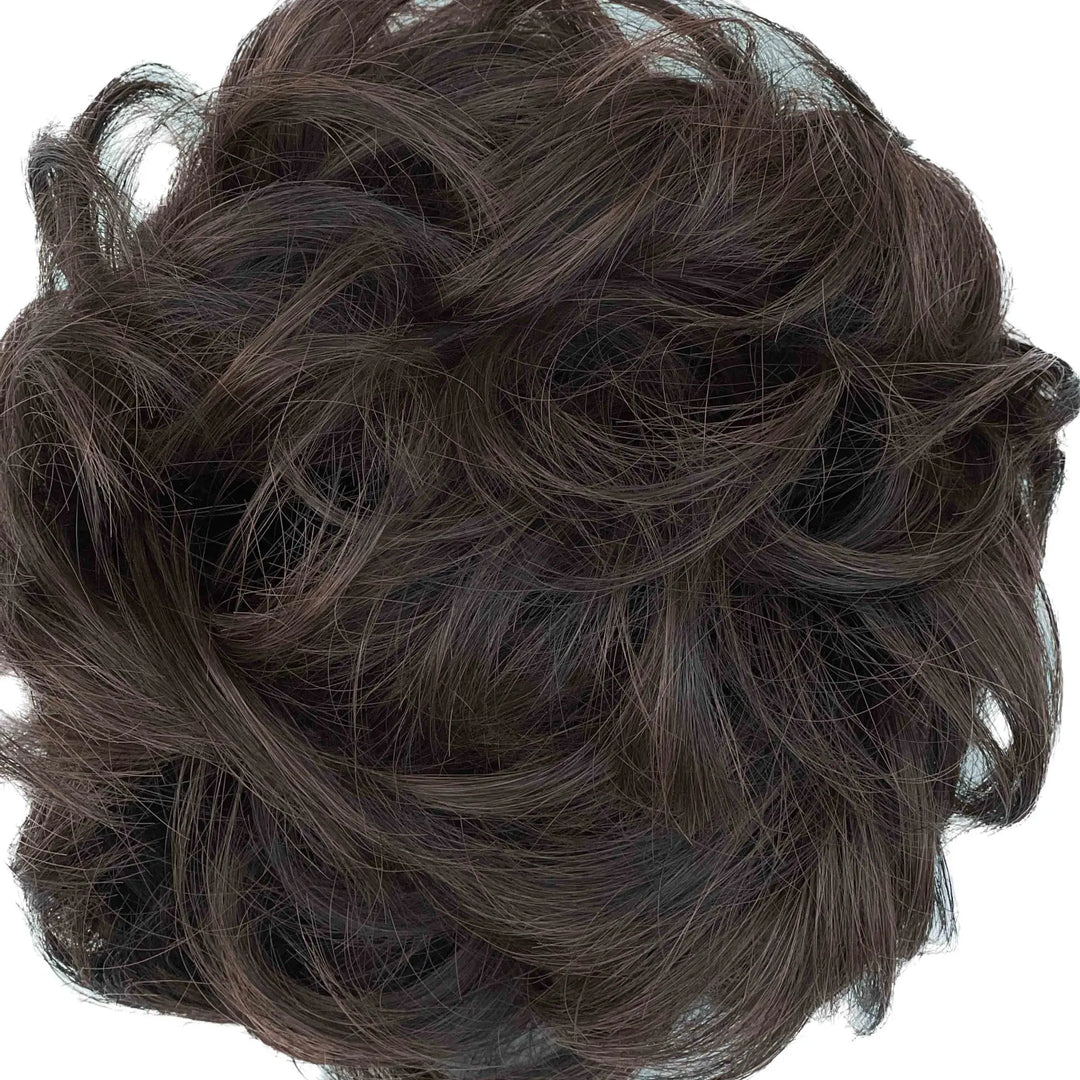 Brown hair bun curly hair#color_dark-brown-mix-light-auburn