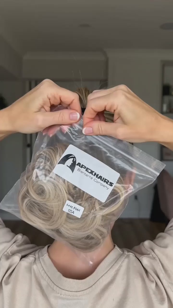 Messy Curly Hair Bun Scrunchie with Bangs – Synthetic Hairpiece